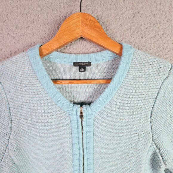 Ann Taylor Merino Wool Blend Zip Front Sweater Cardigan Light Blue Small - Picture 4 of 16
